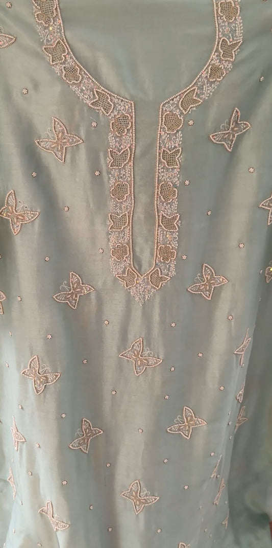 Sage Green Hand-Embroidered Chanderi Silk Chikankari Kurta & Dupatta Set