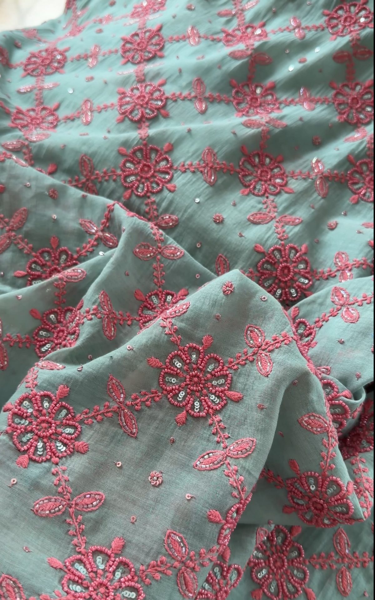 Sea Foam Green Mul Chanderi Suit Set with Chikankari and Embellishments