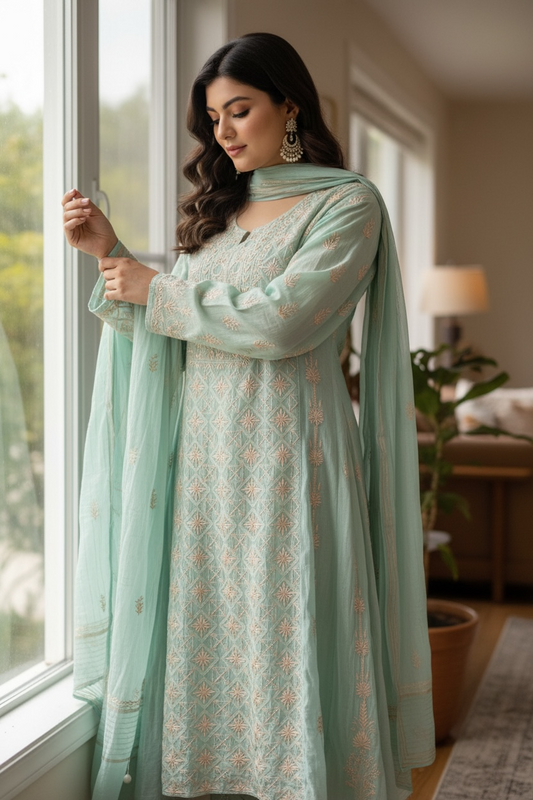 Sea Green Mul Chanderi Anarkali – Hand-Embroidered Chikankari & Haath Jaali Work