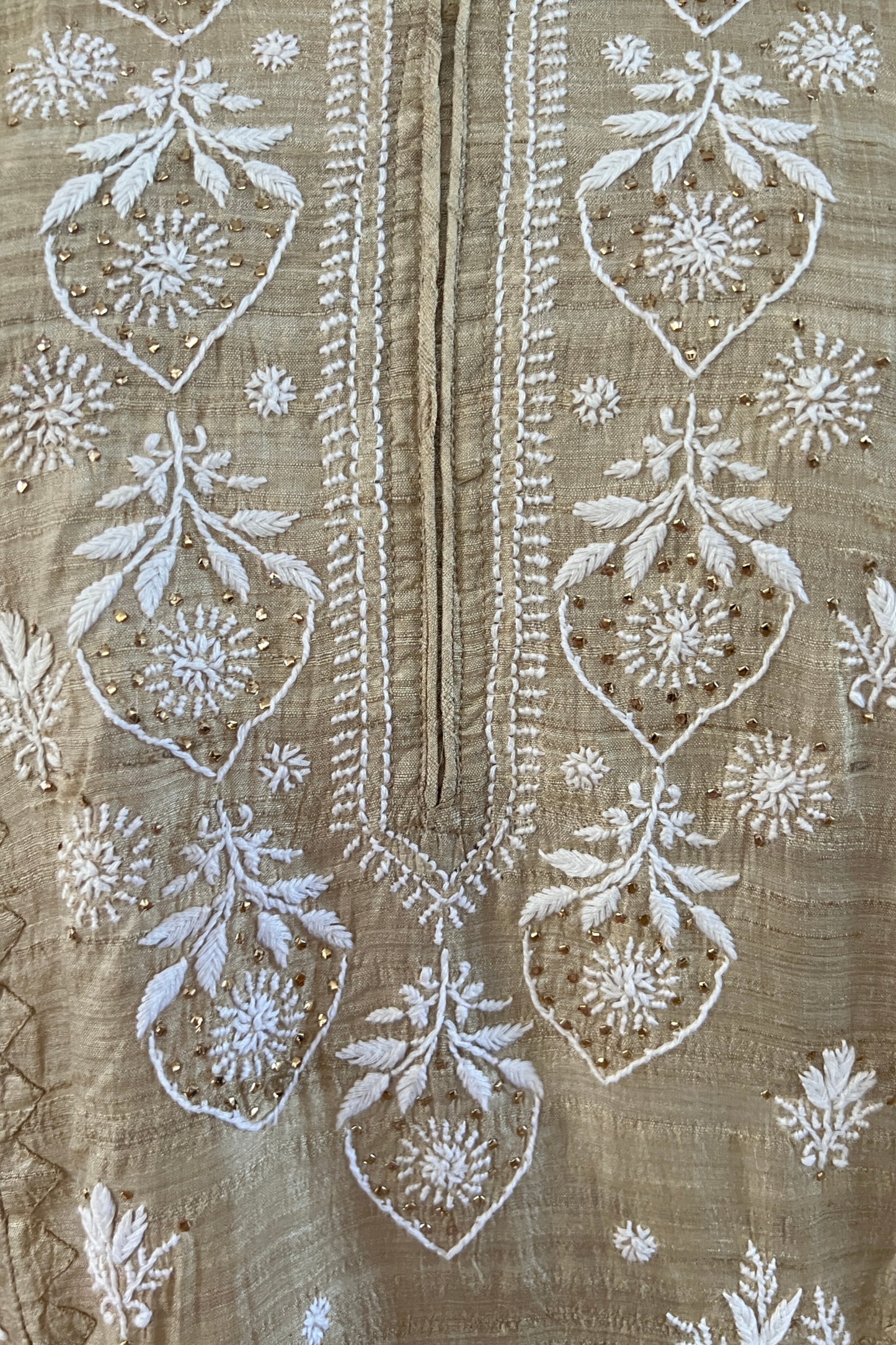 Pure Tussar Silk Kurta with Chikankari and Mukaish neckline - ShaSumz
