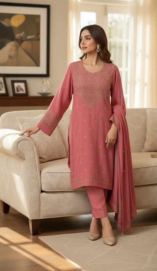 Handcrafted Pashmina Suit with Chikankari & Mukaish Kamdani