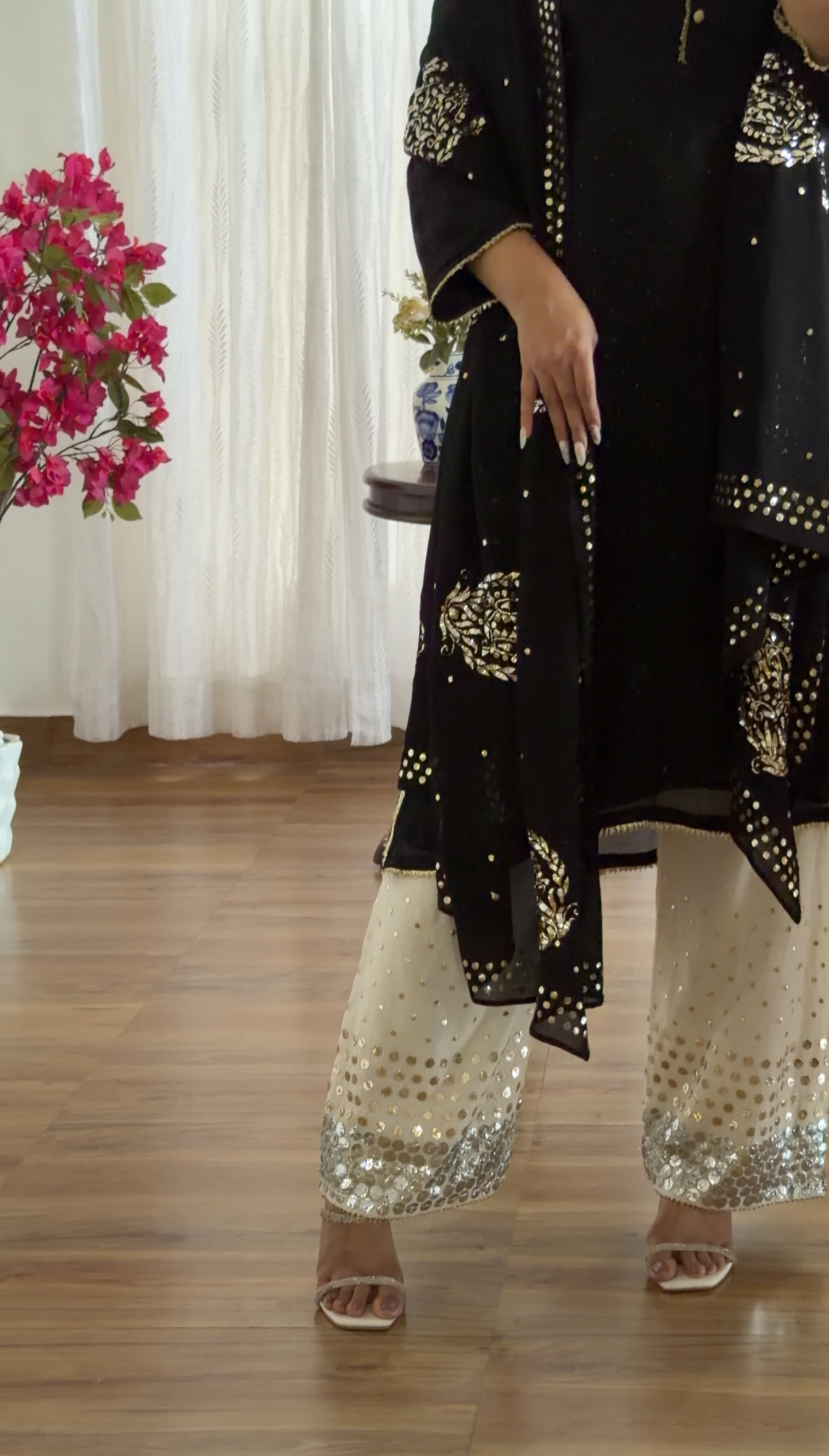 Black Pure Georgette Dupatta with Gold Mukaish Badla