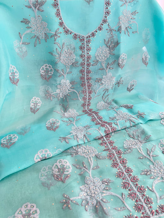 Aqua Pure Organza Silk Chikankari & Kamdani Suit Set