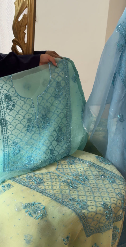 Pure organza silk kurta set in light blue with intricate Chikankari and embellishments, displayed on a chair.