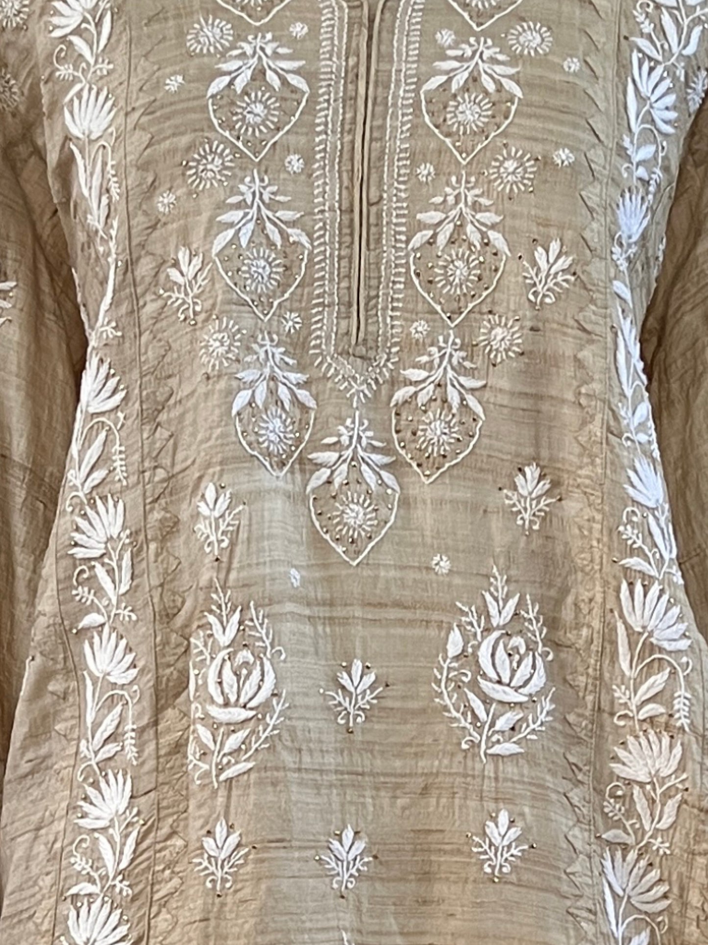 Pure Tussar Silk Kurta with Chikankari and Mukaish - ShaSumz close up