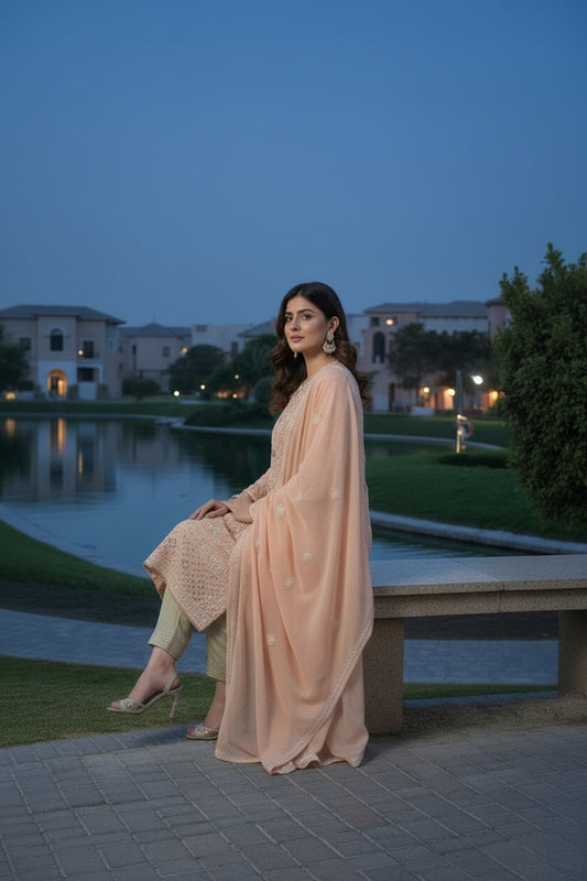 Peach Chikankari & Mukaish Suit