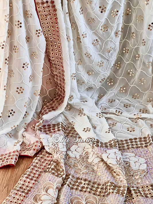 Close up of Mukaish and Pearls Saree with red brocade finishing