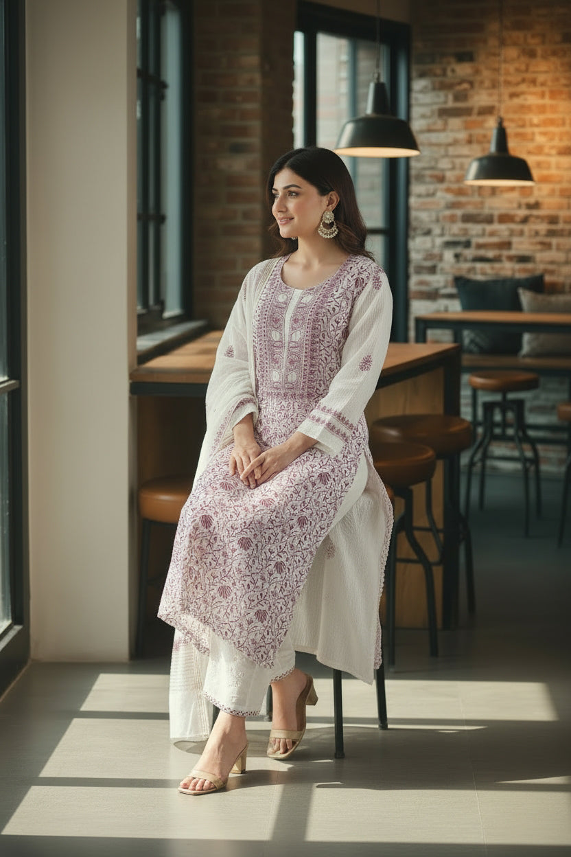 Mul Chanderi Suit with Chikankari and Haath Jaali