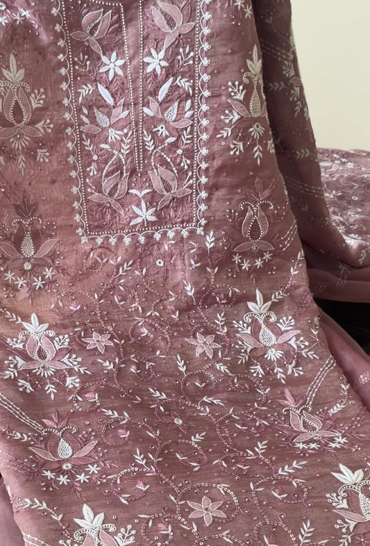 Wine Color Pure Organza Tissue Silk Suit Set with Hand Embroidery