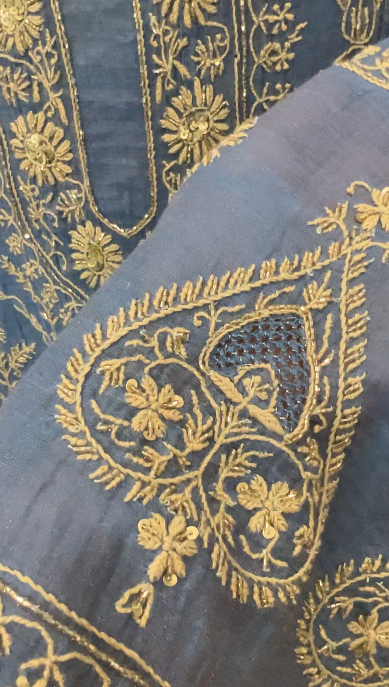 Dusty Blue Tissue Chanderi Anarkali with Chikankari, Cutdana & Sequin Work