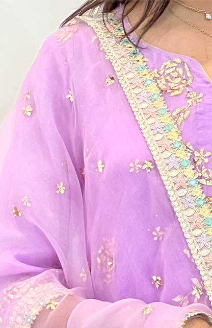 Ombré Lavender Organza Silk Suit with Badla Mukaish