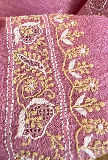 Dusty Rose Tissue Chanderi Silk Suit with Chikankari | Crescent Design