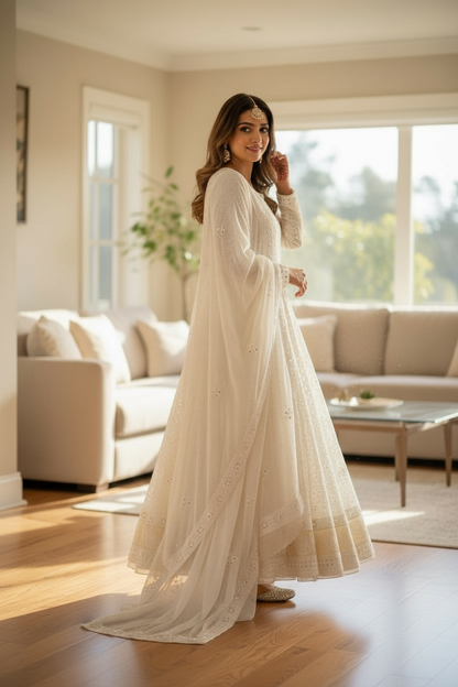 Ivory Chikankari & Mukaish Anarkali – Pure Georgette Elegance