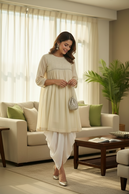 Ivory Georgette Short Flared Shirt with Handcrafted Chikankari & Embellishments