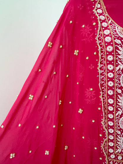 Soft Red Pure Georgette Suit with Chikankari & Embellishments