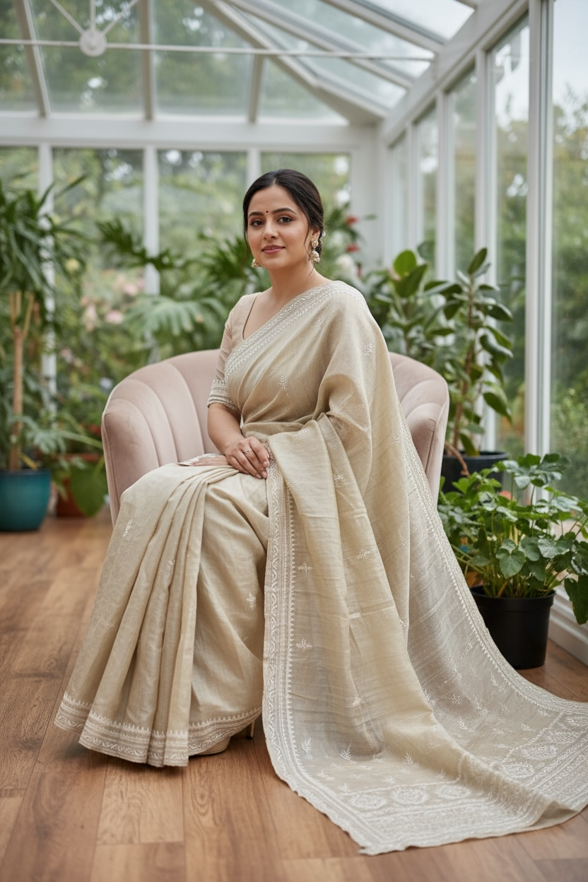 Model sitting while wearing Pure Tussar Silk Saree With Chikankari 
