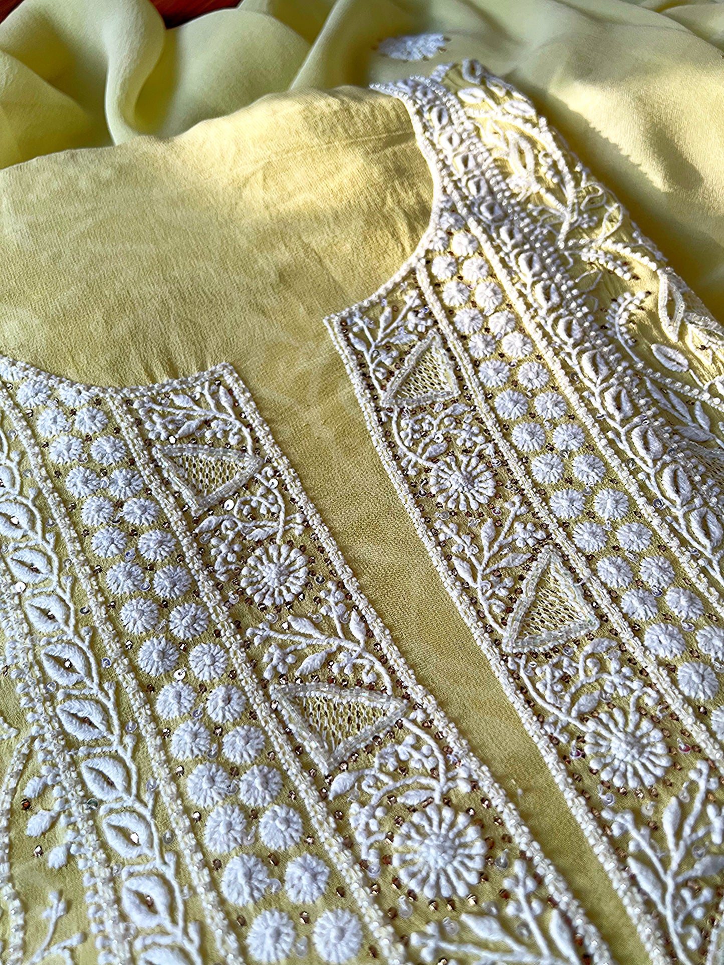 Soft Pastel Yellow Pure Georgette Suit with Do Taar Chikankari, Kamdani & Embellishments