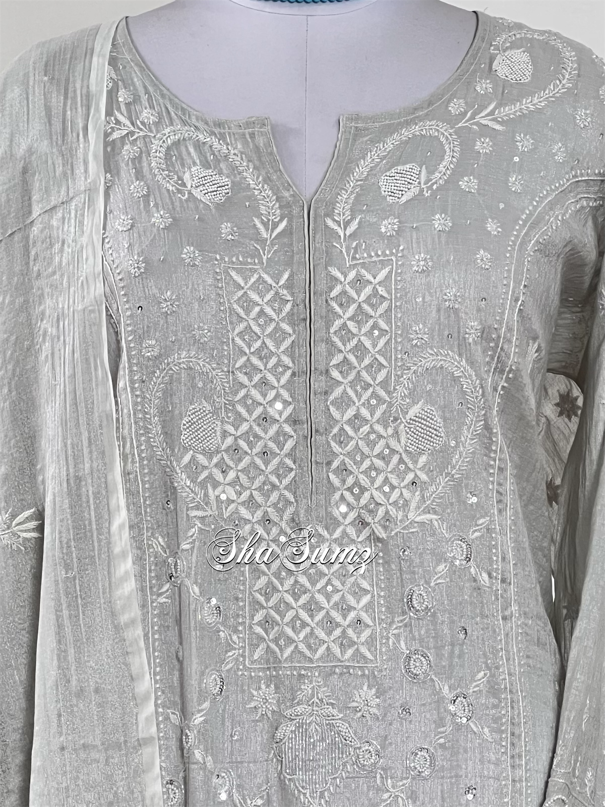 Silver Tissue Chikankari & Embellishments Suit