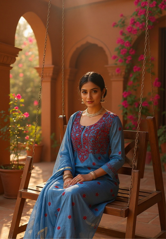 Blue Mul Chanderi Suit with Chikankari