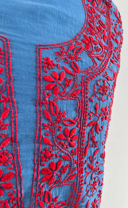 Blue Mul Chanderi Suit with Chikankari