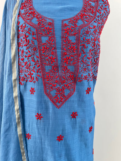 Blue Mul Chanderi Suit with Chikankari