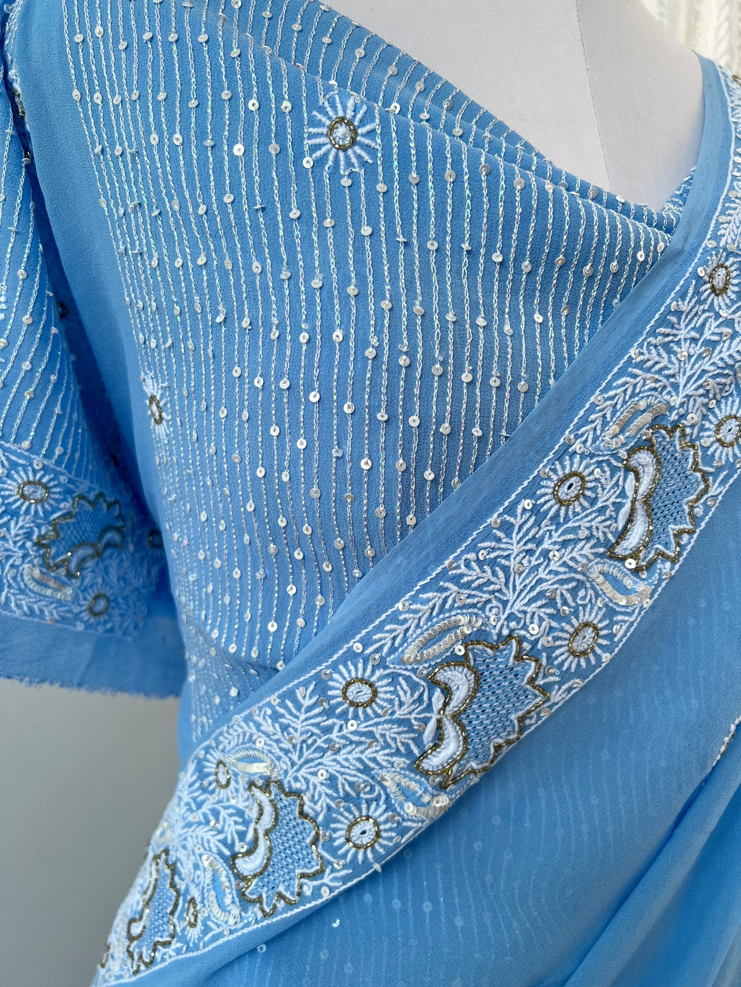 Powder Blue Saree with Do Taar Chikankari & Embellishments