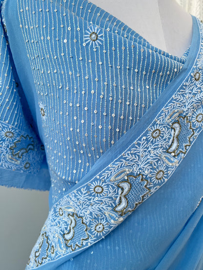 Powder Blue Saree with Do Taar Chikankari & Embellishments