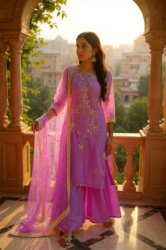 Ombré Lavender Organza Silk Suit with Badla Mukaish
