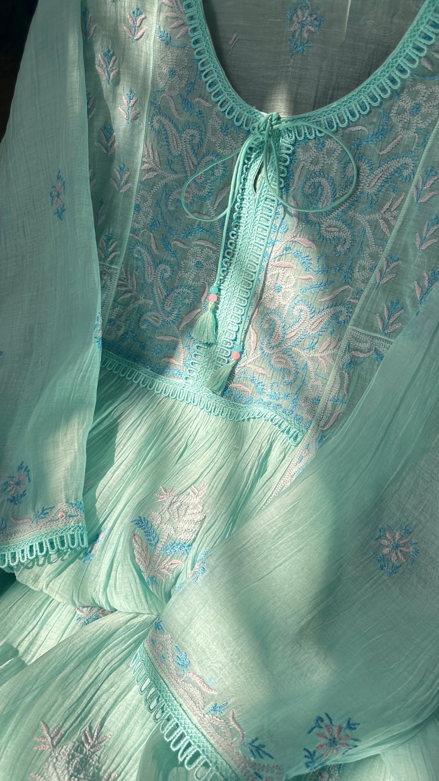 Cool Mint Green Mul Chanderi Peshwaz with Chikankari