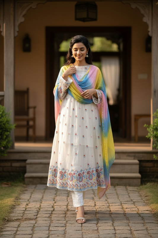 Pure Chanderi Anarkali with Multi Color Chikankari