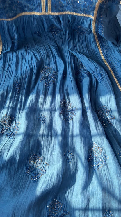 Egyptian Blue Mul Peshwaz with Chikankari & Kamdani