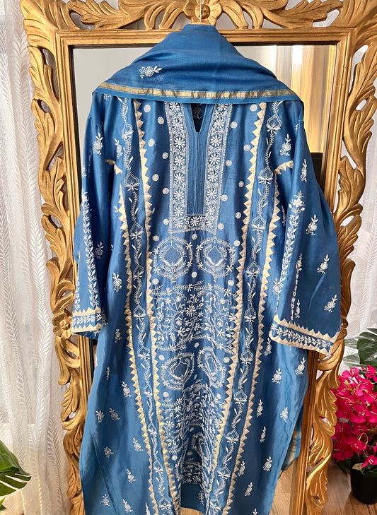 Blue Pure Chanderi Silk Kurta Set with Chikankari and Applique