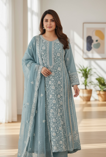 Blue Striped Tissue Chanderi Anarkali - Chikankari and Embellishments
