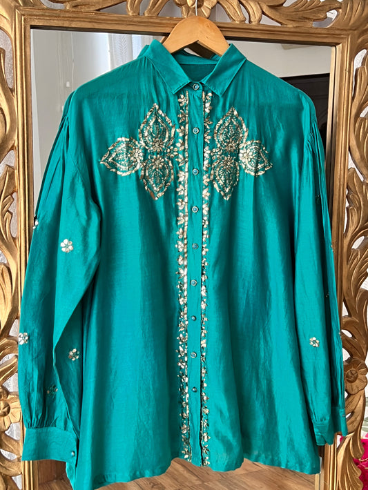 Teal Green Pure Chanderi Silk Shirt with Mukaish