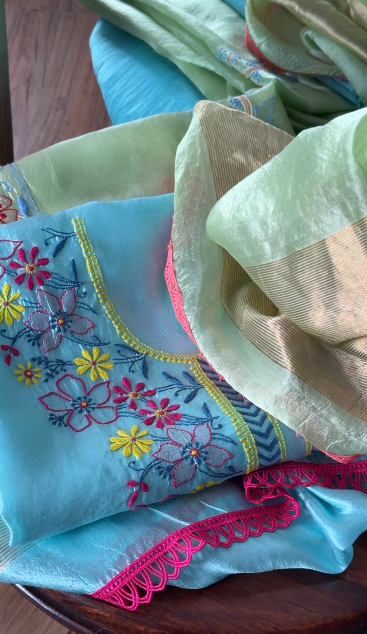 Pure Handwoven Silk Kurta Set with Multi Color Chikankari