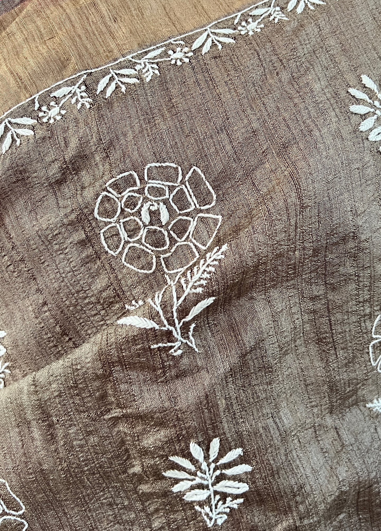 Close up of motif on Pure Tussar Silk Saree With Chikankari