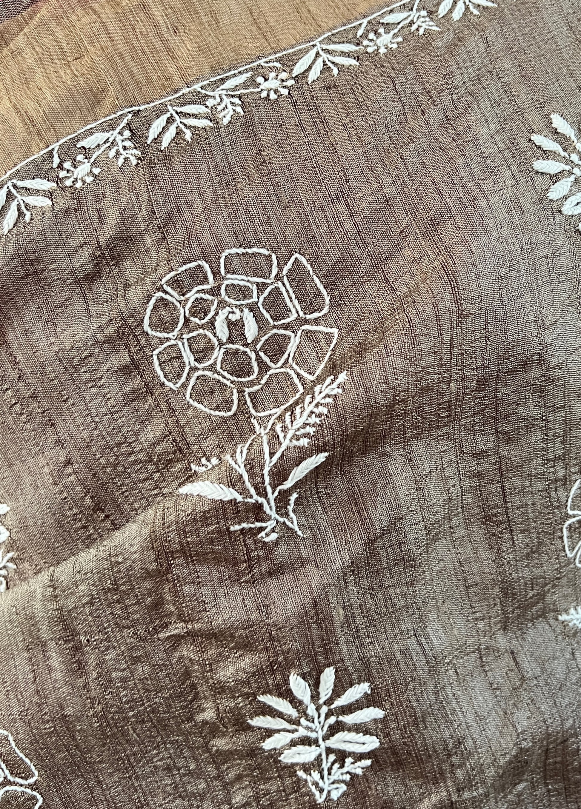 Close up of motif on Pure Tussar Silk Saree With Chikankari