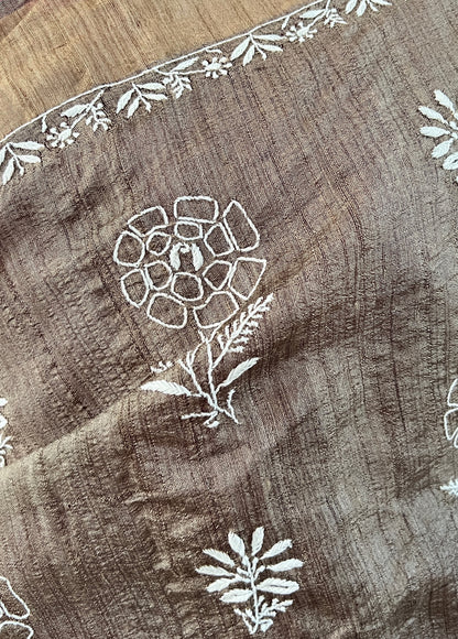 Close up of motif on Pure Tussar Silk Saree With Chikankari