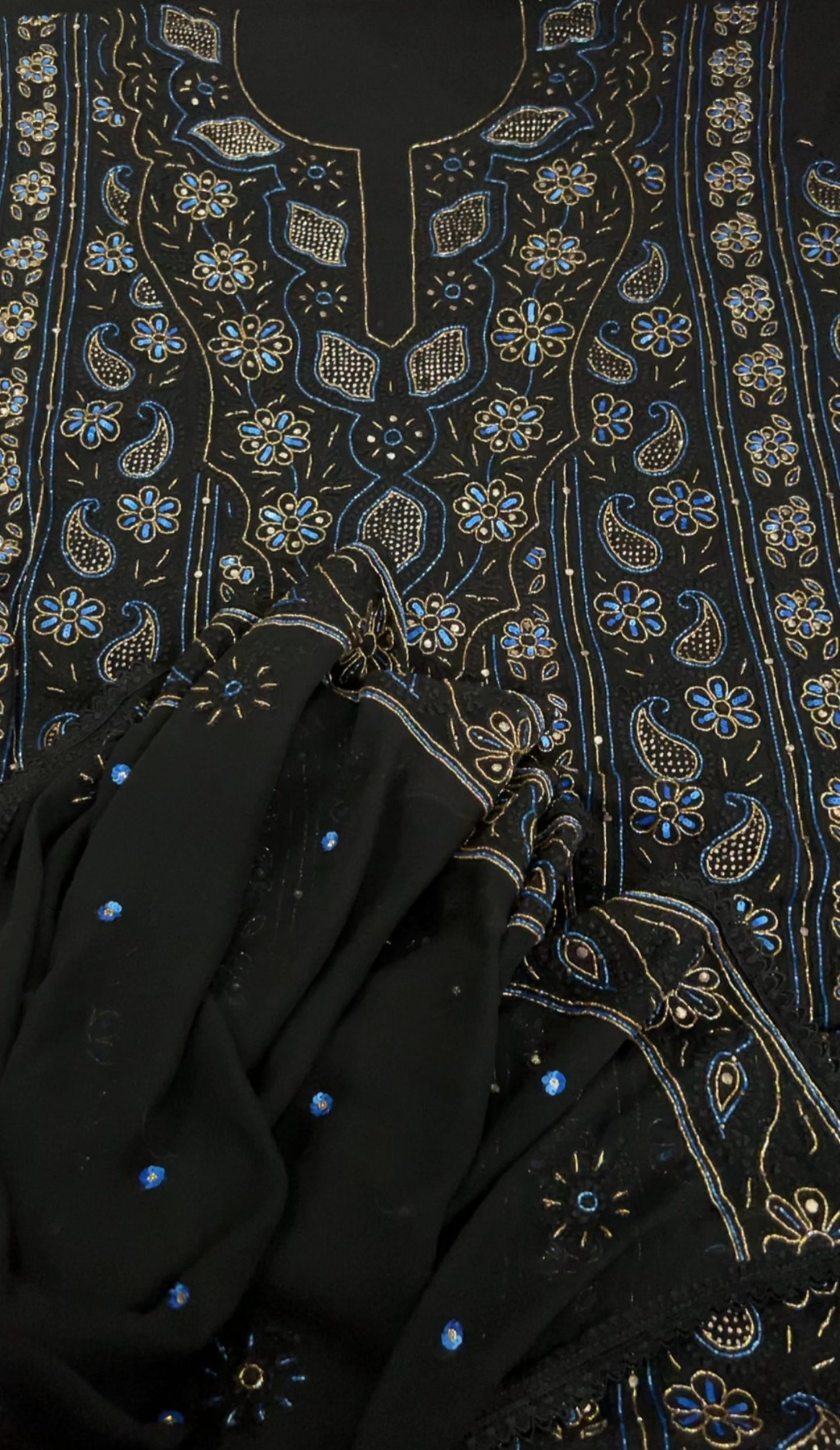 Black Pure Georgette Suit with Chikankari, Blue & Gold Embellishments