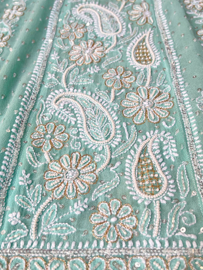 Dupatta of Mint green Anarkali featuring intricate Chikankari embroidery and embellishments