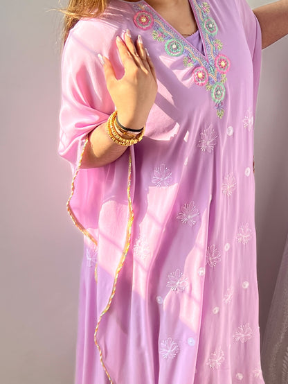 Lilac Kaftan with Chikankari, Pearls & Resham Thread Parsi Gara Neckline