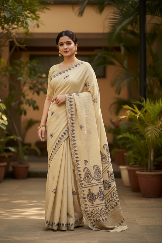 Model wearing Tissue Chanderi Silk with Chikankari