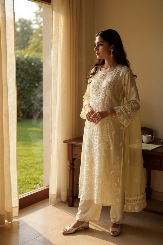 Ivory Chikankari Applique Maheshwari Cotton Embellished Suit
