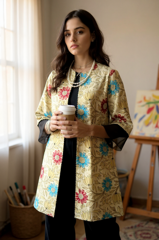 Tussar Silk Kantha & Sequins Jacket Set