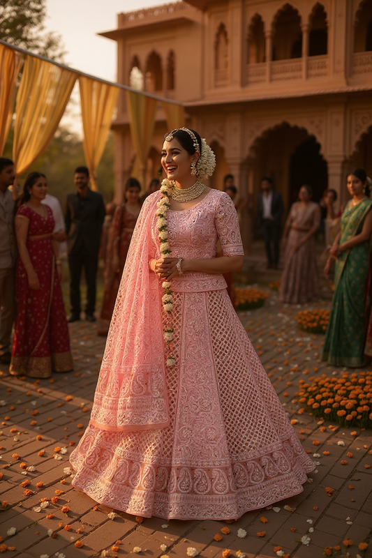 Pink Chikankari & Mukaish Lehenga Set