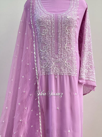 Lavender Pure Georgette Suit with Chikankari & Embellishments