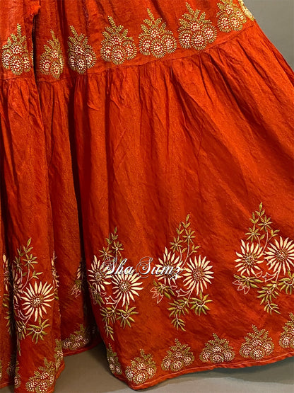 Rust Orange Chikankari Gharara on Tissue Chanderi