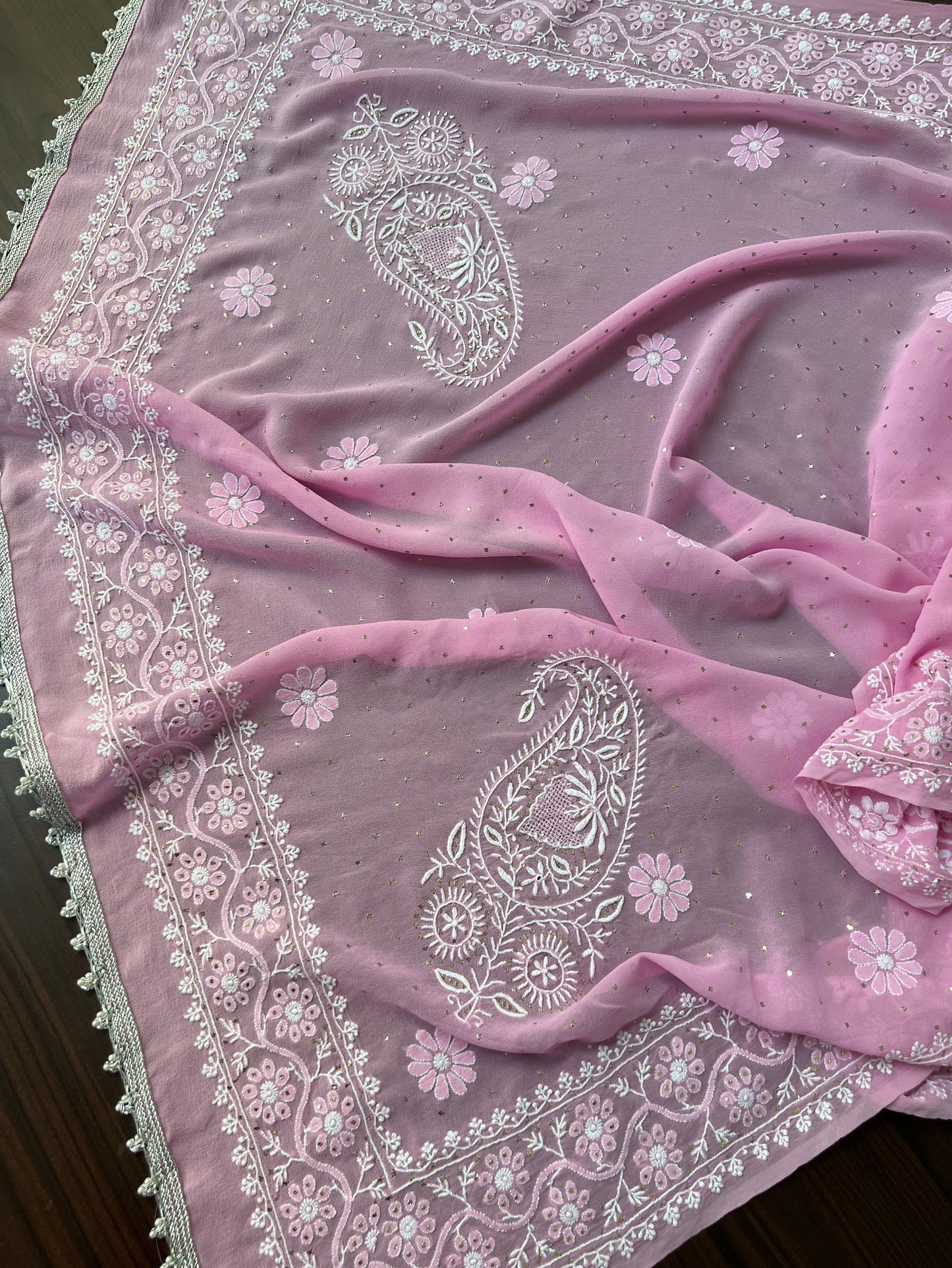 Rose Pink Do Taar Chikankari Paisley & Kamdani Pure Georgette Dupatta