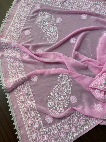 Rose Pink Do Taar Chikankari Paisley & Kamdani Pure Georgette Dupatta