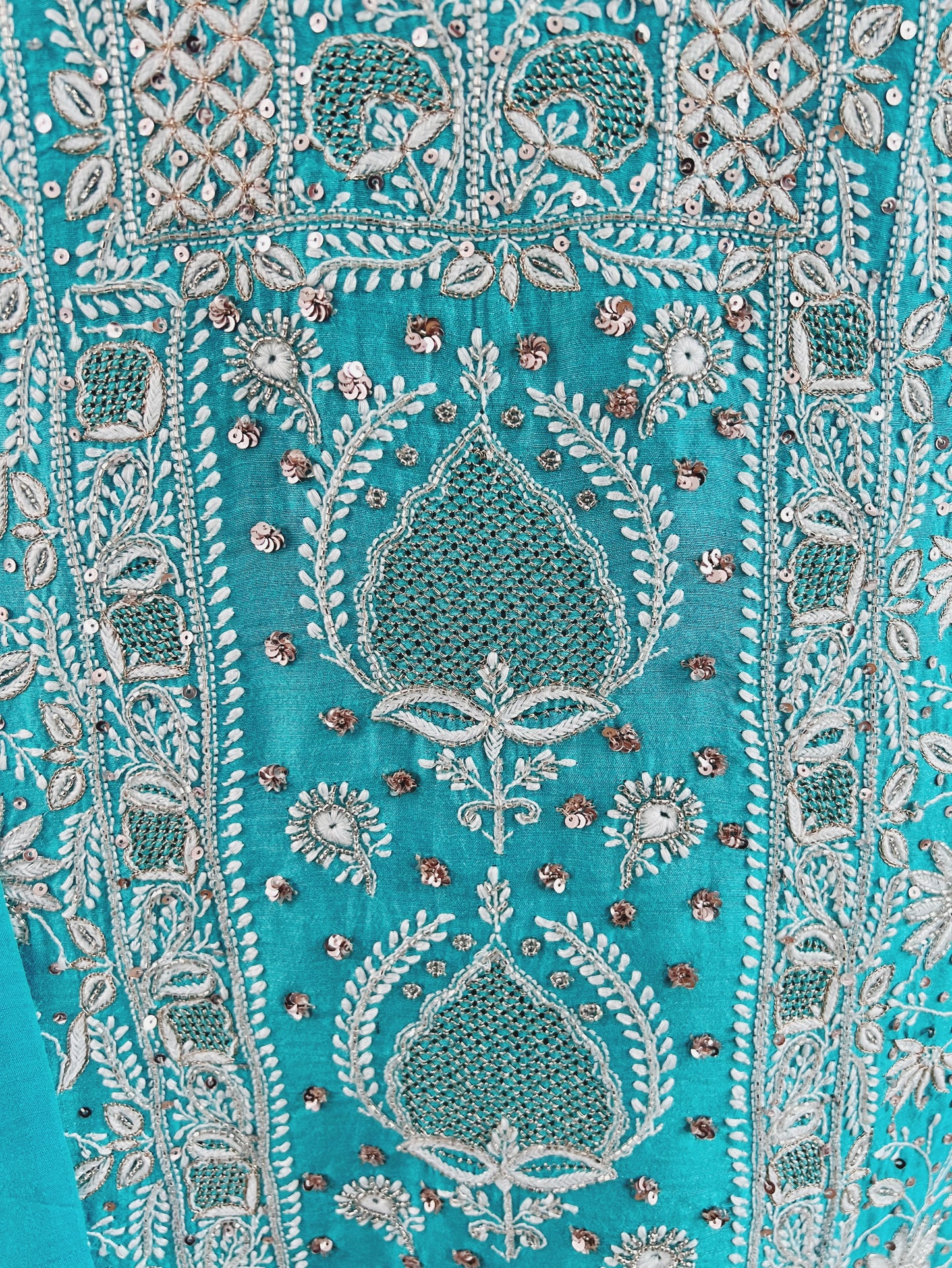 Pure Munga Silk Chikankari with Embellishments | Turquoise Classic